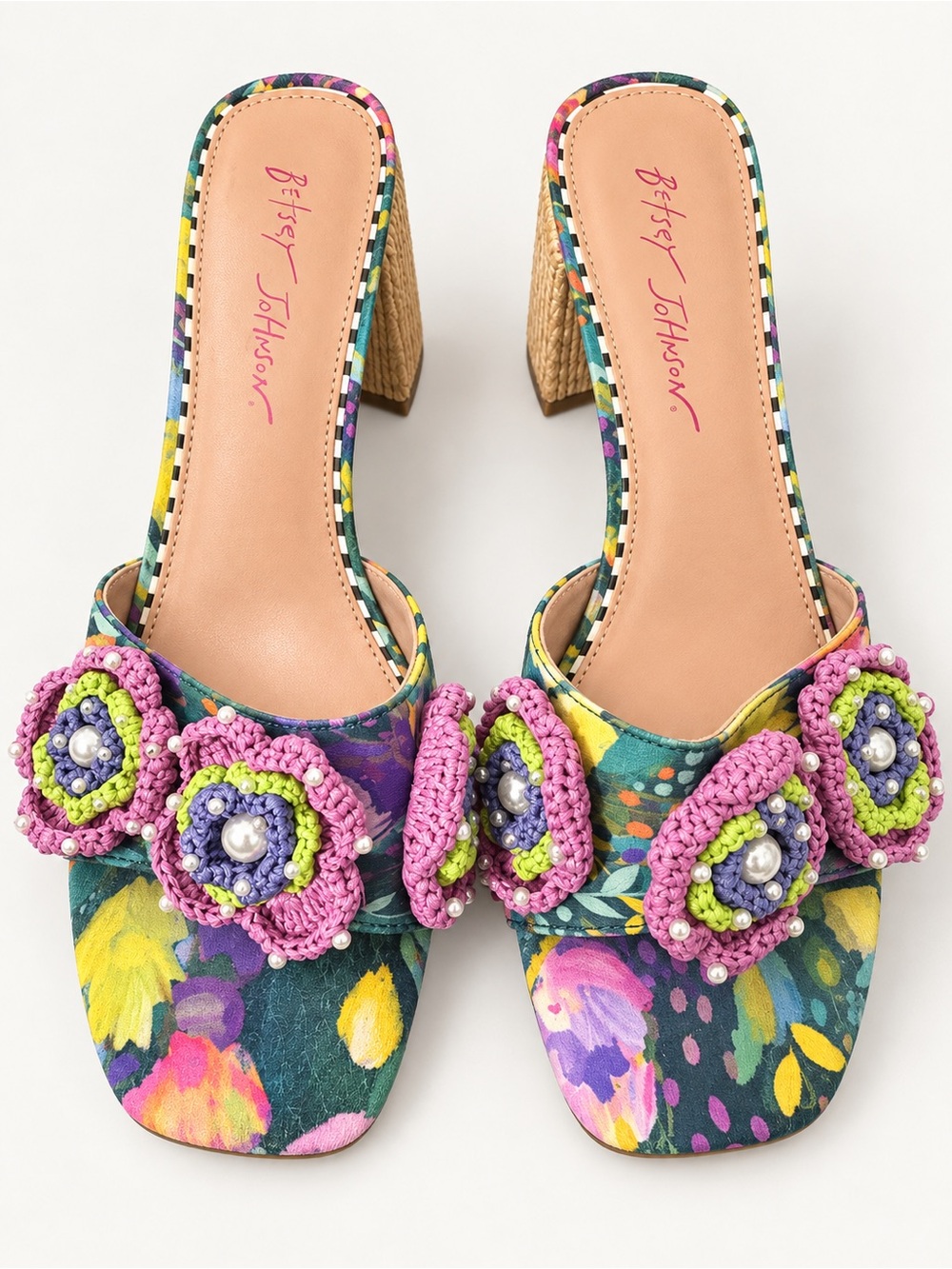 Betsey Johnson Multicolor Floral Crochet-Pearl Slide Mules